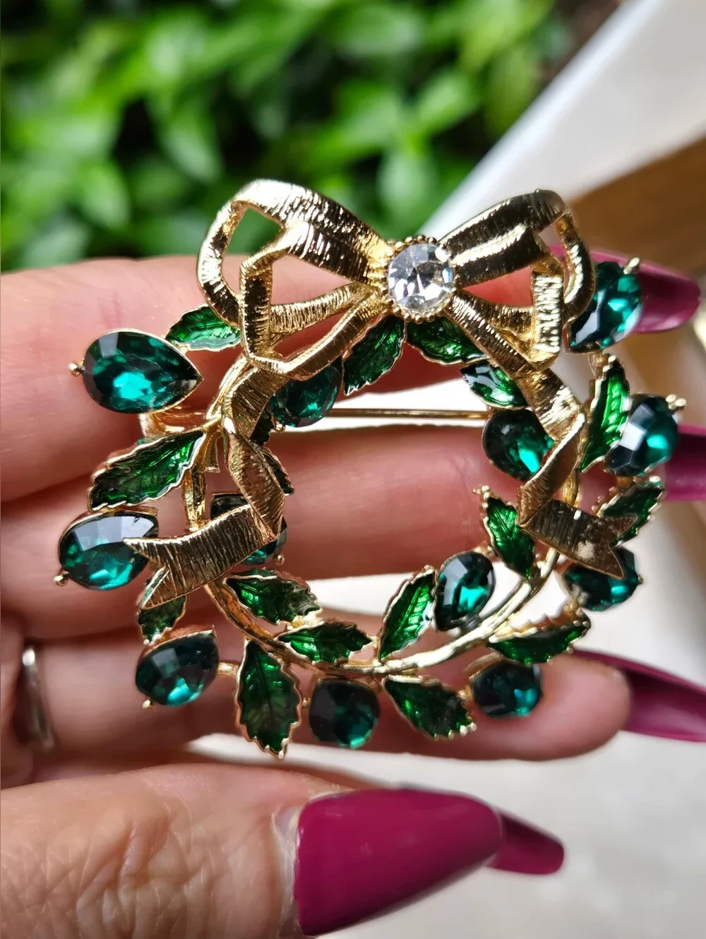Napier Gold Tone Wreath Brooch with Emerald Green Stones
